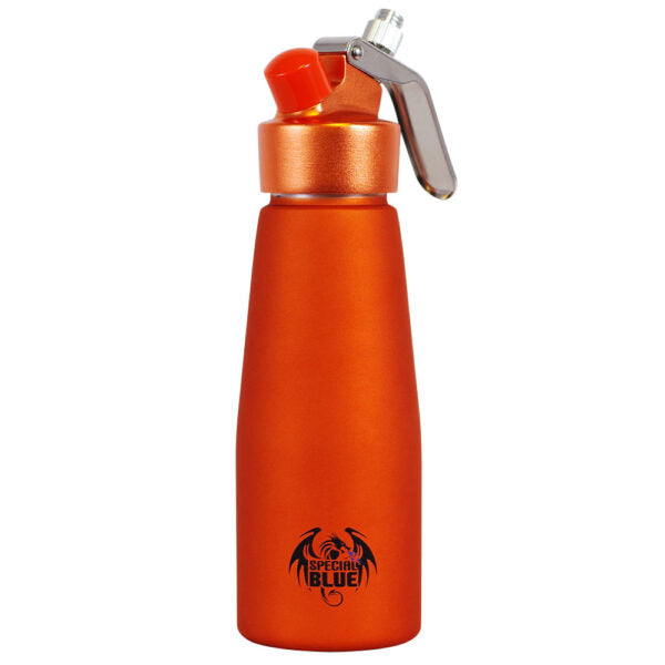 An orange dispenser bottle with a metallic finish, featuring a flip-top lid with a silver metal carrying clip and a black dragon logo with the text 'REVENGE BLUE' near the bottom.