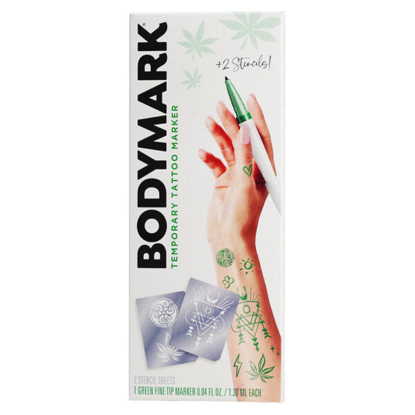 BODYMARK Temporary Tattoo Marker package, featuring a hand holding the green marker with sample tattoo designs on the wrist and two sample stencil sheets shown on the front of the box.