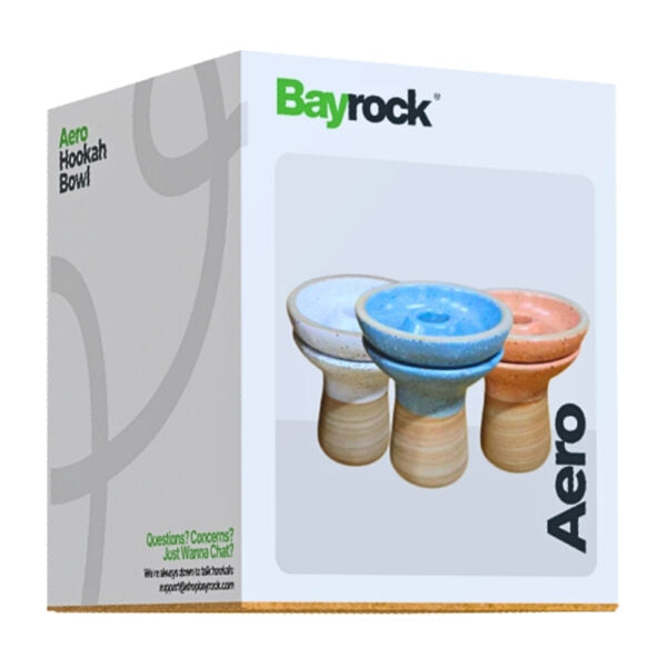 Bayrock Aero Hookah Bowl retail packaging box, showing the product name, brand logo, and three colored hookah bowls on the front.
