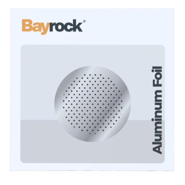 Bayrock Aluminum Foil packaging box featuring a circular metallic foil texture graphic in the center with the Bayrock brand logo at the top and 'Aluminum Foil' text on the right.
