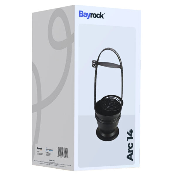 Bayrock Arc 14 product packaging box, featuring a black handheld arc lamp illustration on a white and light gray background.