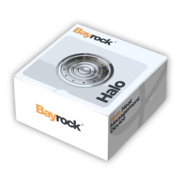 Bayrock Halo Halogen Heat Management Device packaging box, featuring a white box with a graphic of a silver halogen bulb on the top and orange and black Bayrock branding.
