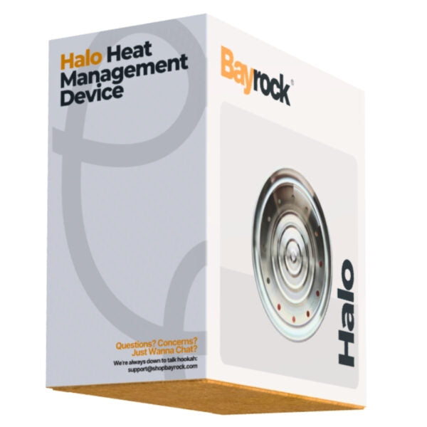 Bayrock Halo Heat Management Device retail packaging box, featuring a white and light gray design with an illustration of the circular Halo fan device and orange and black branding.