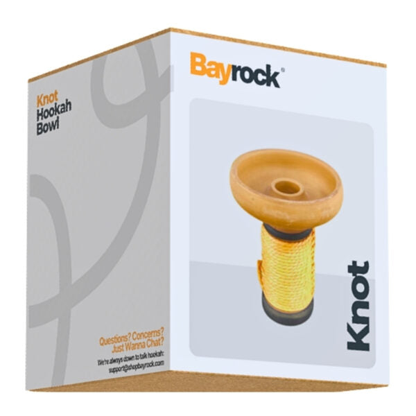 Bayrock KNOT Hookah Bowl retail packaging box, showing the product photo of a yellow and brown hookah bowl on a white and gray background.