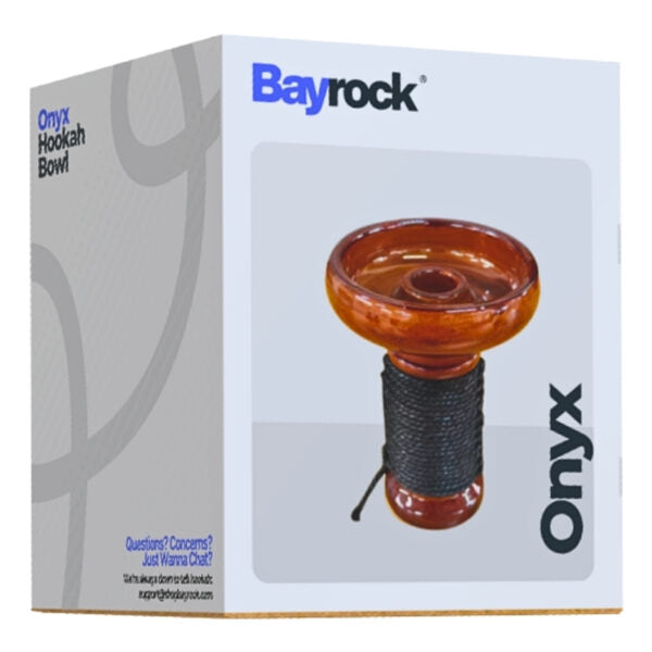 Bayrock Onyx Hookah Bowl retail packaging box, showing a photo of the amber glass bowl and black wrapped stem on the front.