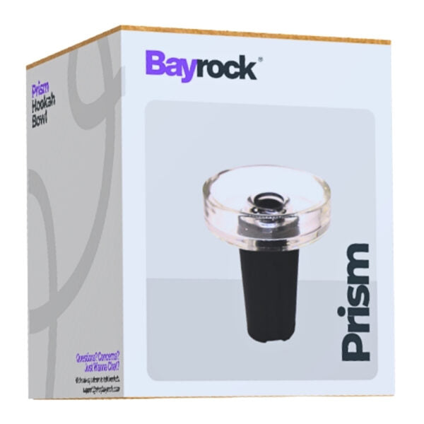 Bayrock Prism Hookah Bowl retail packaging box, featuring a black and clear glass hookah bowl graphic on a light gray background with gold trim.