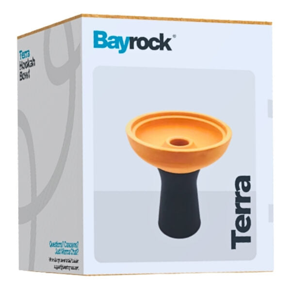 Bayrock Terra Hookah Bowl retail packaging box, showing the orange and black hookah bowl pictured on the front against a white background.