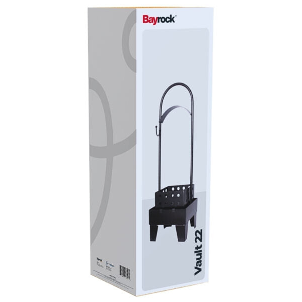 Bayrock Vault 22 black metal rolling storage cart shown in its white retail packaging box against a white background.