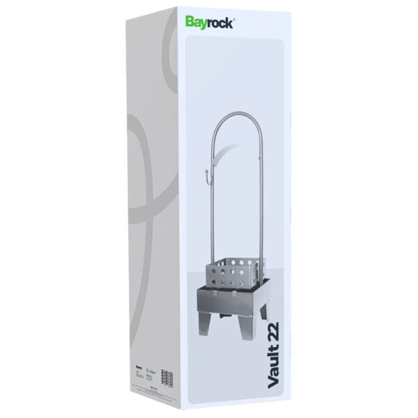Bayrock Vault 22 product packaging box, featuring a silver and white design with a graphic of the metal storage container and handle.