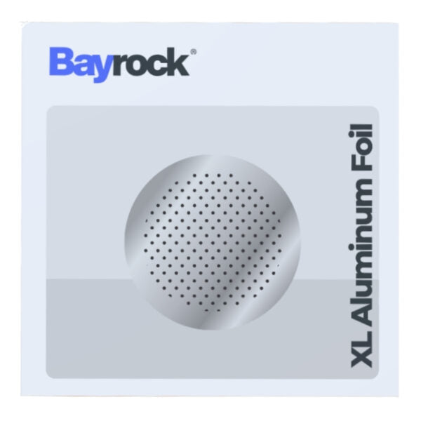Bayrock XL Aluminum Foil packaging box, featuring a silver metallic circular foil texture graphic in the center, with the Bayrock brand logo in blue and black at the top left, and 'XL Aluminum Foil' written vertically on the right side.