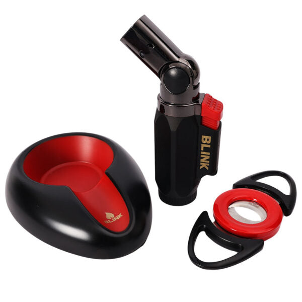 Black and red lighter with a matching case on a white background