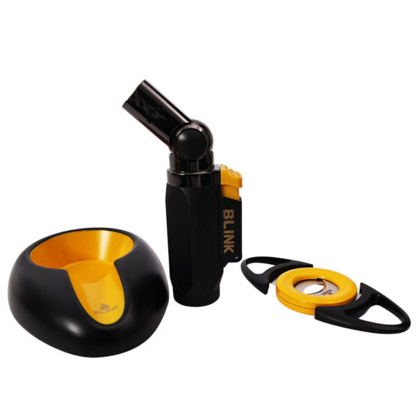 Black and yellow butane lighter set on a white background