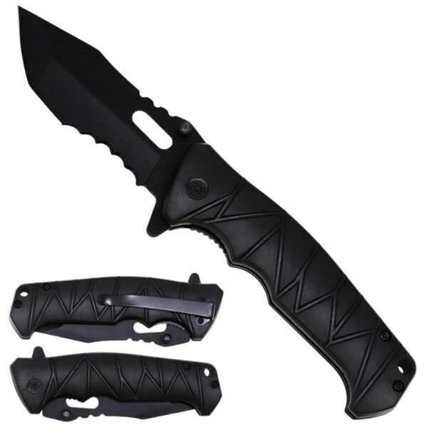 Black folding knife with textured handle on a white background