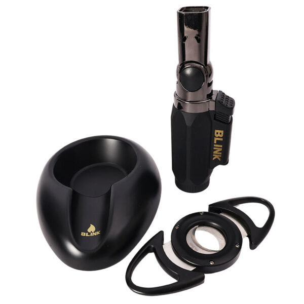 Black smoking accessory set with 'Blink' branding on a white background