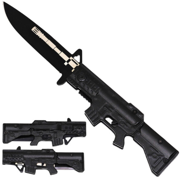 Black tactical knife with additional sheaths on a white background