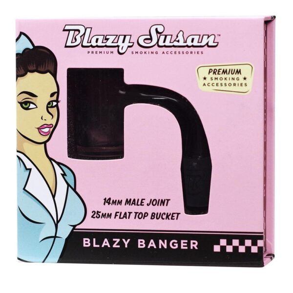 Blazy Susan Blazy Banger 14mm male joint and 25mm flat top bucket set in its original pink packaging box, featuring a retro-style illustration of a woman.