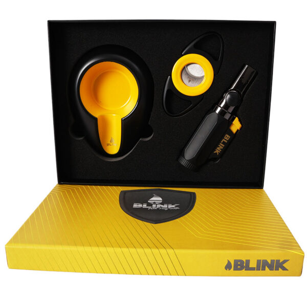 Blink grooming kit with yellow and black items on a black and yellow box.