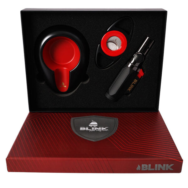 Blink vaping device set with red mouthpiece and black device in a black box on a white background