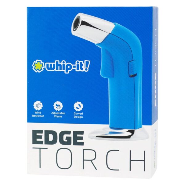 Blue and silver Edge Torch whipped candle igniter in its retail packaging, featuring the 'whip-it!' brand logo and product details on a white and blue box.