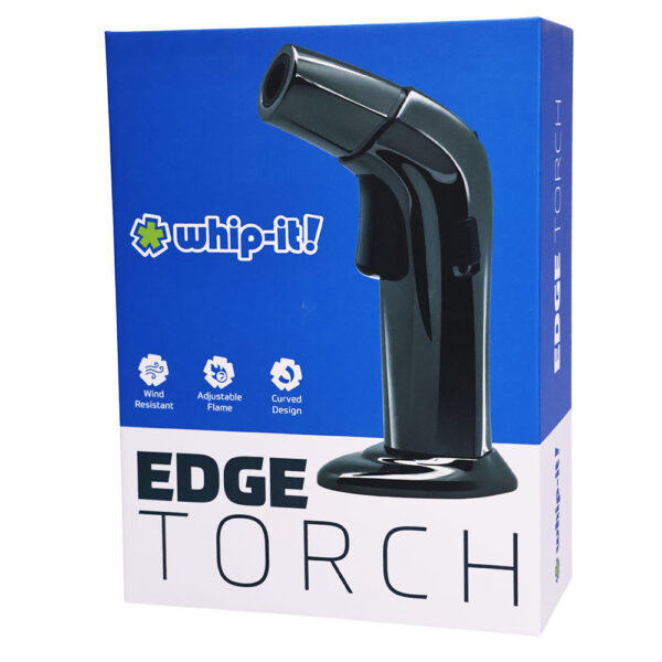 Box packaging for the Edge Torch by whip-it!, showing a black curved handheld torch light on a blue and white retail box.