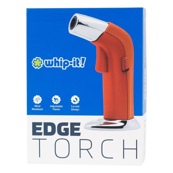 Box packaging for the whip-it! Edge Torch, showing a red handheld torch lighter with a silver nozzle on a blue and white background.