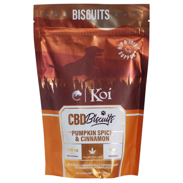 CBD Biscuits Pumpkin Spice & Cinnamon dog biscuits in a resealable stand-up pouch. The packaging features a warm gradient of orange, brown, and dark brown with a silhouette of a dog, and a white label at the bottom displaying the brand name 'Koi' and product details.
