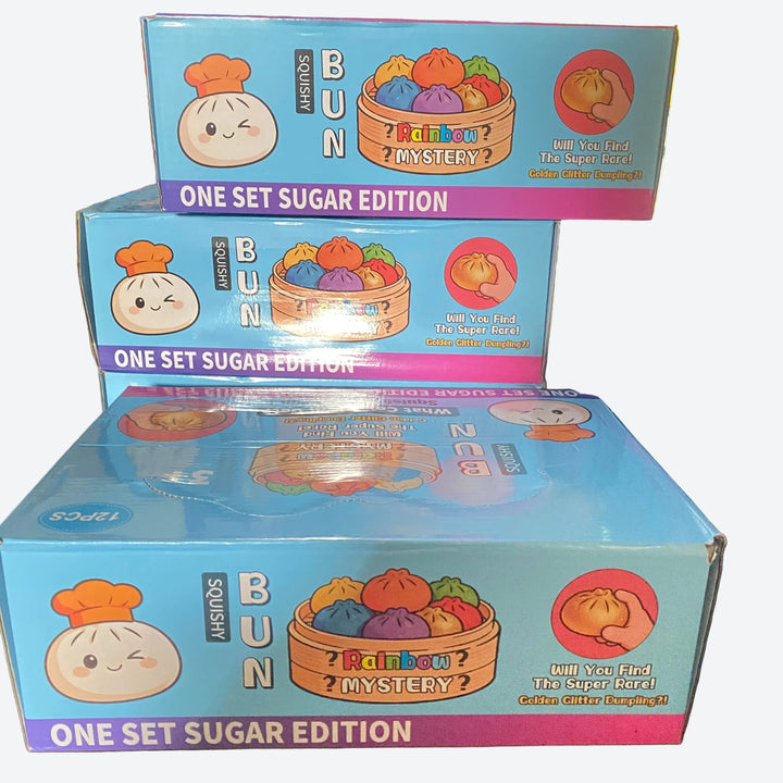 Squishy Bun Rainbow Mystery Dumpling 12 or 72 count with Displays. ( Color and Design will Vary)