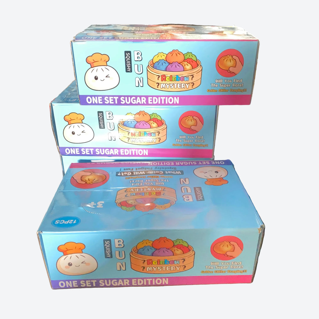 Squishy Bun Rainbow Mystery Dumpling 12 or 72 count with Displays. ( Color and Design will Vary)