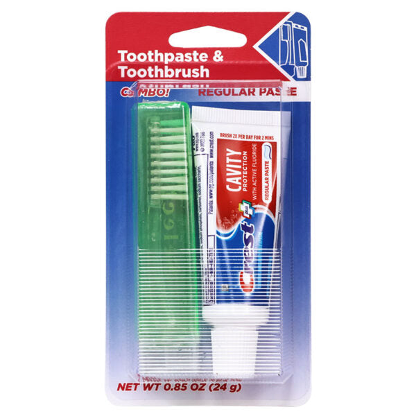 Cavity Protection Regular Paste toothpaste with a green toothbrush and a small green cleaning brush in blister packaging.