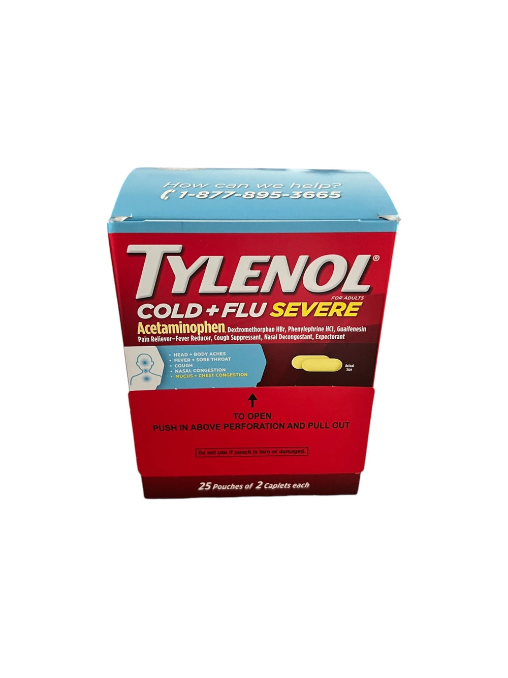 Cold & Flu Relief Tylenol Severe | 2-Caplet Sachets-25 Pouches of 2-815556020323-Reval Distributor