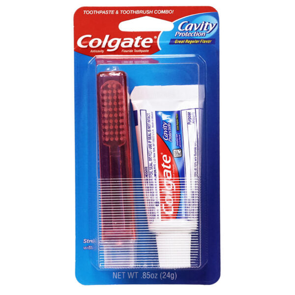 Colgate toothpaste and toothbrush combo in retail blister packaging. The package contains a red toothbrush with bristles and a white tube of Colgate toothpaste with blue and red branding, all on a blue backing card.