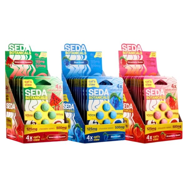 Colorful SEDA Botanicals packaging on a white background