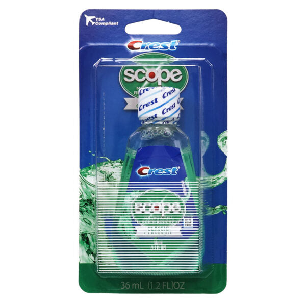 Crest Scope mouthwash in a 36 mL (1.2 fl oz) clear bottle with a blue and green cap, sealed in its original blue blister card packaging.