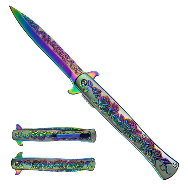 Decorative folding knife with floral patterns on a white background