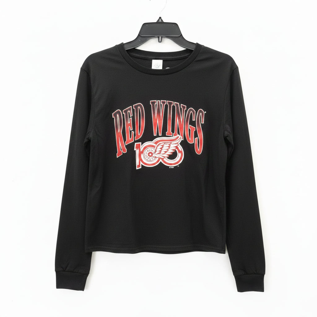 Detroit Red Wings 100th Anniversary crop long-sleeve tee, black with red and white graphic