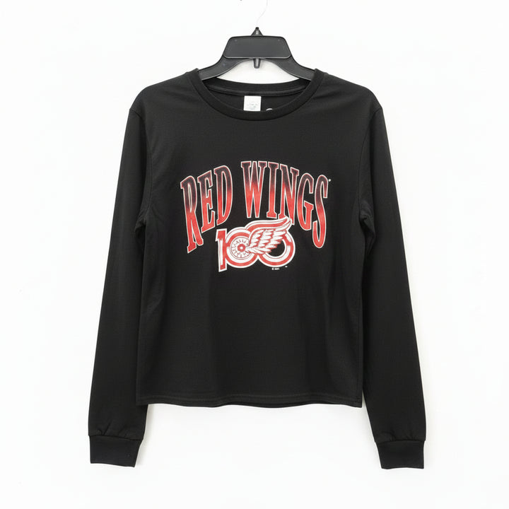 Detroit Red Wings 100th Anniversary crop long-sleeve tee, black with red and white graphic
