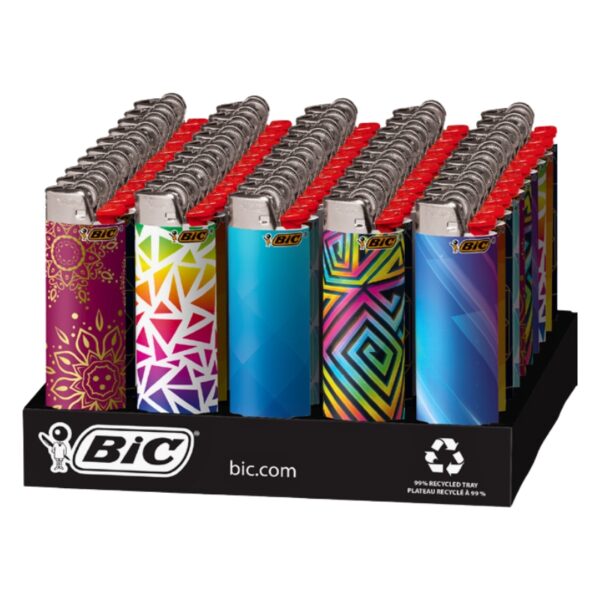 Display of 50 BiC mini pocket lighters featuring assorted colorful geometric, floral, and gradient patterns.