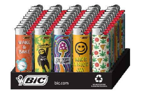 Display of BIC lighters with various designs on a white background