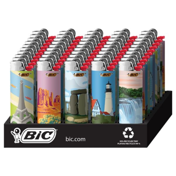 Display of BIC lighters with various 'vacation' designs on a white background