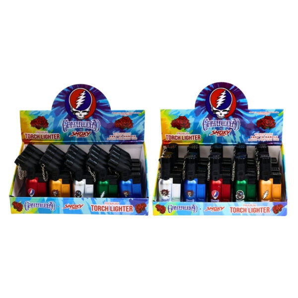 Display of Grateful Dead Smoky torch lighters with colorful packaging.
