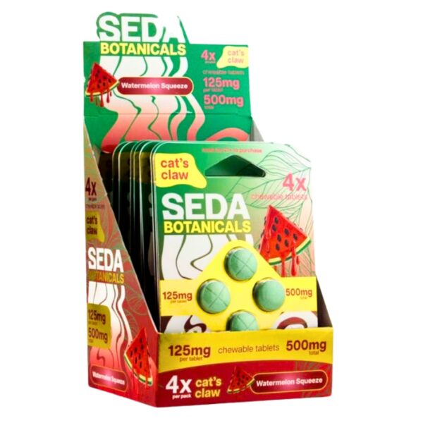 Display of Seda Botanicals cat's claw chewable tablets packaging on a white background