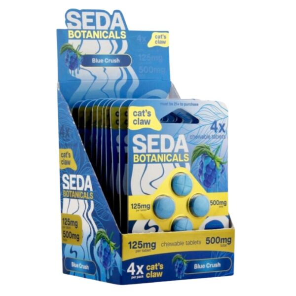 Display of Seda Botanicals cat's claw supplement packaging on a white background