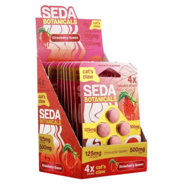 Display of Seda Botanicals strawberry chewable tablets packaging on a white background