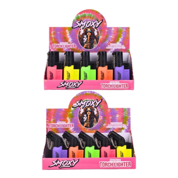 Display of Smoxy torch lighters with colorful packaging on a white background