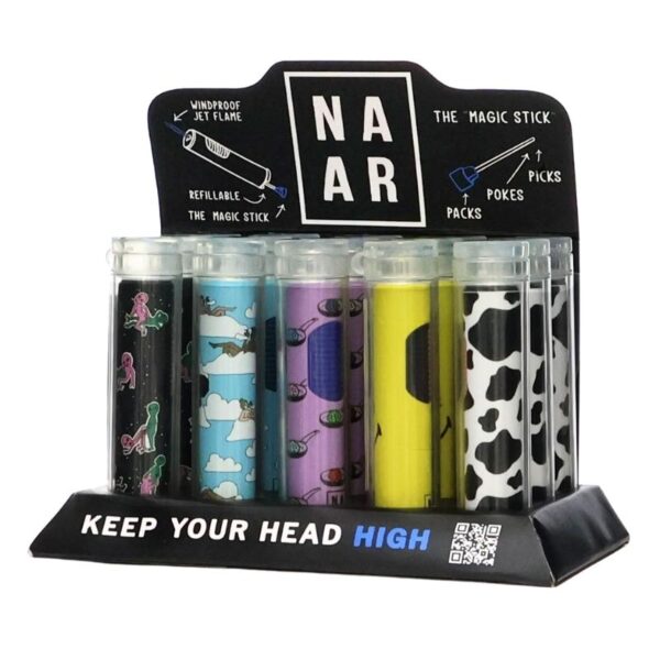 Display of colorful lighters with 'NAAR' branding on a white background