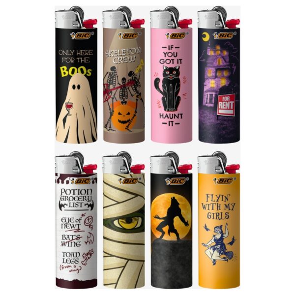 Eight BIC Bippie-themed lighter covers arranged in a 2x4 grid on a white background, featuring Halloween designs including a ghost, skeleton crew, black cat, haunted house, potion list, mummy eye, wolf on the moon, and a witch flying with her girls.