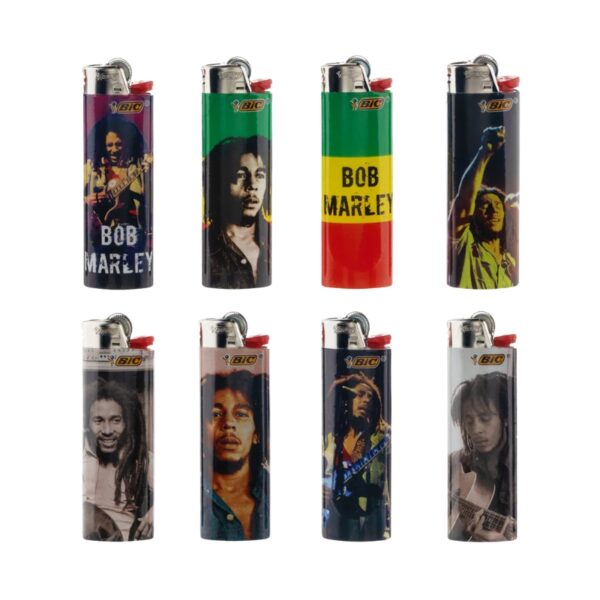 Eight BIC Bob Marley lighters arranged in two rows of four on a plain white background. The lighters feature various Bob Marley portrait prints and one lighter has the iconic red, yellow, and green Rastafarian flag design with 'BOB MARLEY' printed on it.