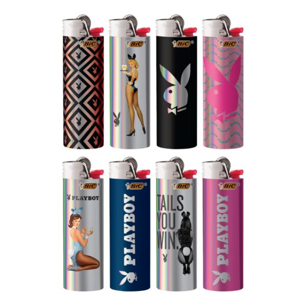 Eight BIC Playboy lighters arranged in two rows of four on a plain white background. The lighters feature various designs including geometric patterns, pin-up illustrations, and the Playboy bunny logo in black, silver, and pink.