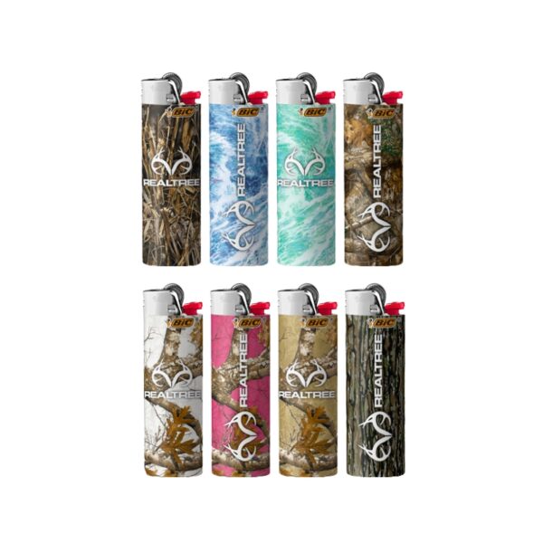 Eight BIC Realtree lighter cylinders arranged in two rows of four on a plain white background. The lighter bodies feature various Realtree camouflage and pattern designs in brown, green, blue, pink, and beige, with silver metal tops and red BIC logos.