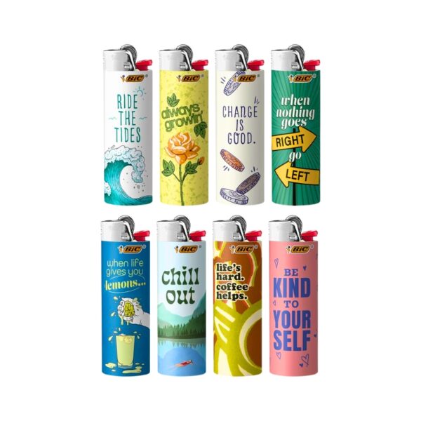 Eight BIC lighter-shaped tumbler cups arranged in a 2x4 grid on a plain white background. Each cup has a different colorful printed design with motivational phrases such as 'RIDE THE TIDES,' 'always grow up,' 'CHARGE IS GOOD,' 'when nothing goes RIGHT go LEFT,' 'when life gives you lemons.